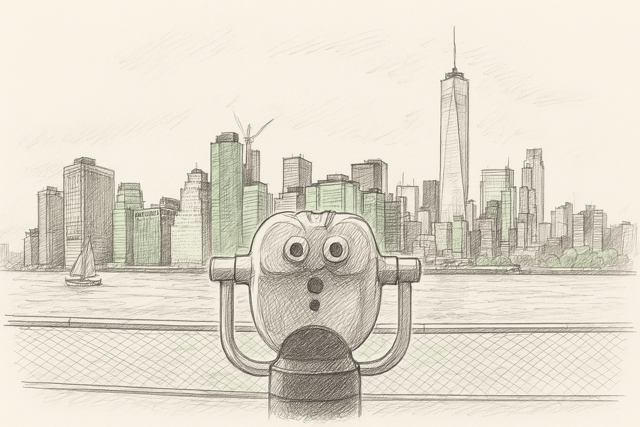 A drawing of a binoculars looking at the New York City skyline.