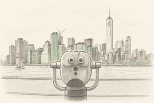 A drawing of a binoculars looking at the New York City skyline.