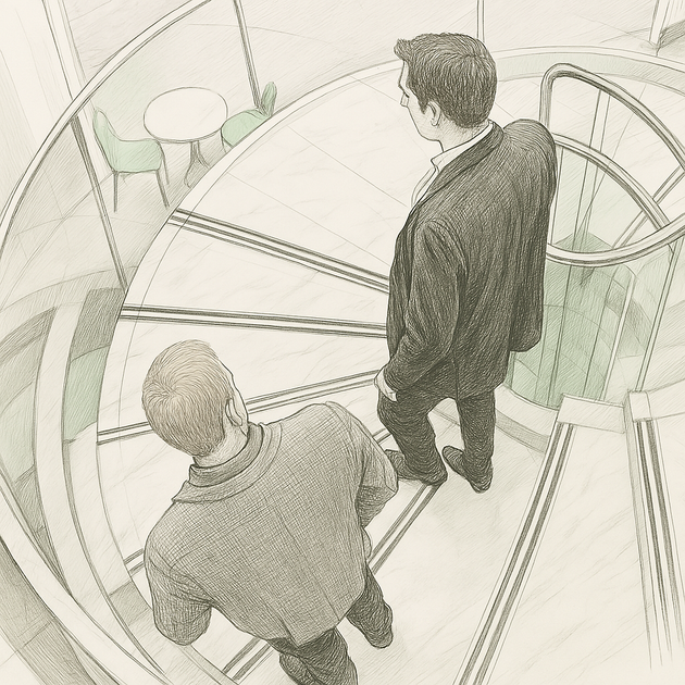 A drawing of two men standing on a spiral staircase