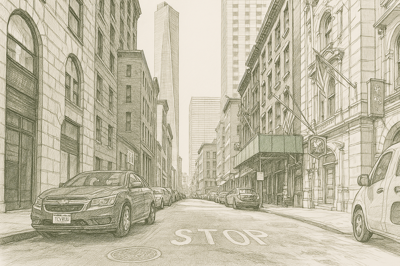 A black and white drawing of a New York City street with cars parked on the side of the road.