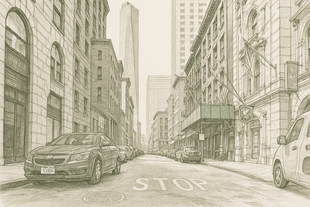 A black and white drawing of a New York City street with cars parked on the side of the road.