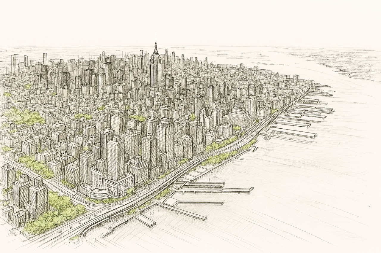 An aerial view of New York City with lots of buildings and a river.