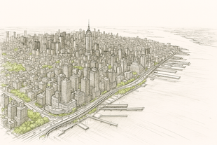 An aerial view of New York City with lots of buildings and a river.