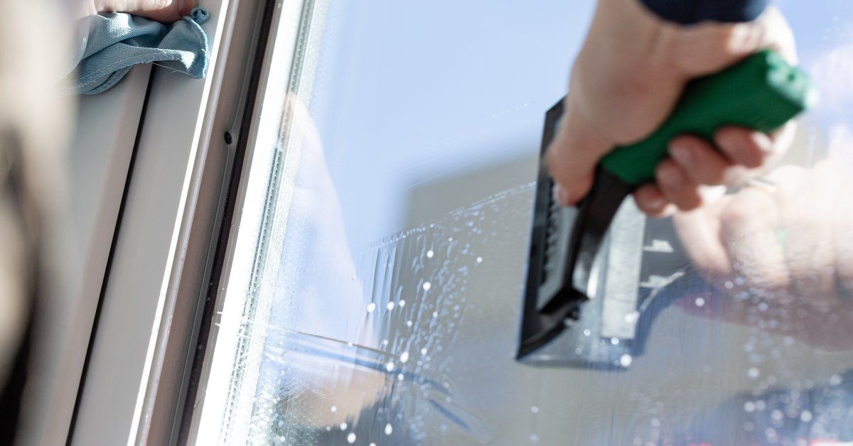 A close-up shot of a person pressing out the bubbles of window film tint with a green squeegee.