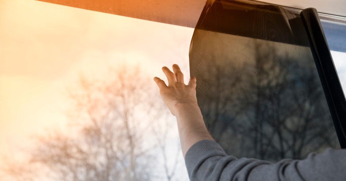 A man in a blue long-sleeve shirt applies window tint to a large window as sunlight filters through trees.