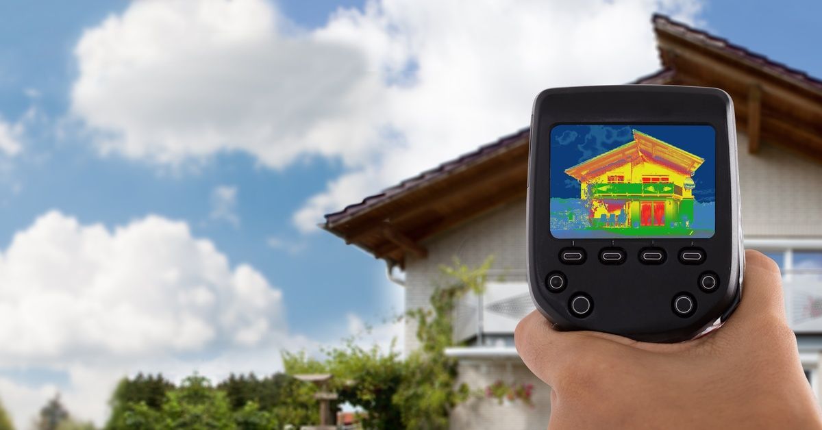 A person is holding a thermal imaging camera showing heat loss on a house with a colorful infrared temperature display.