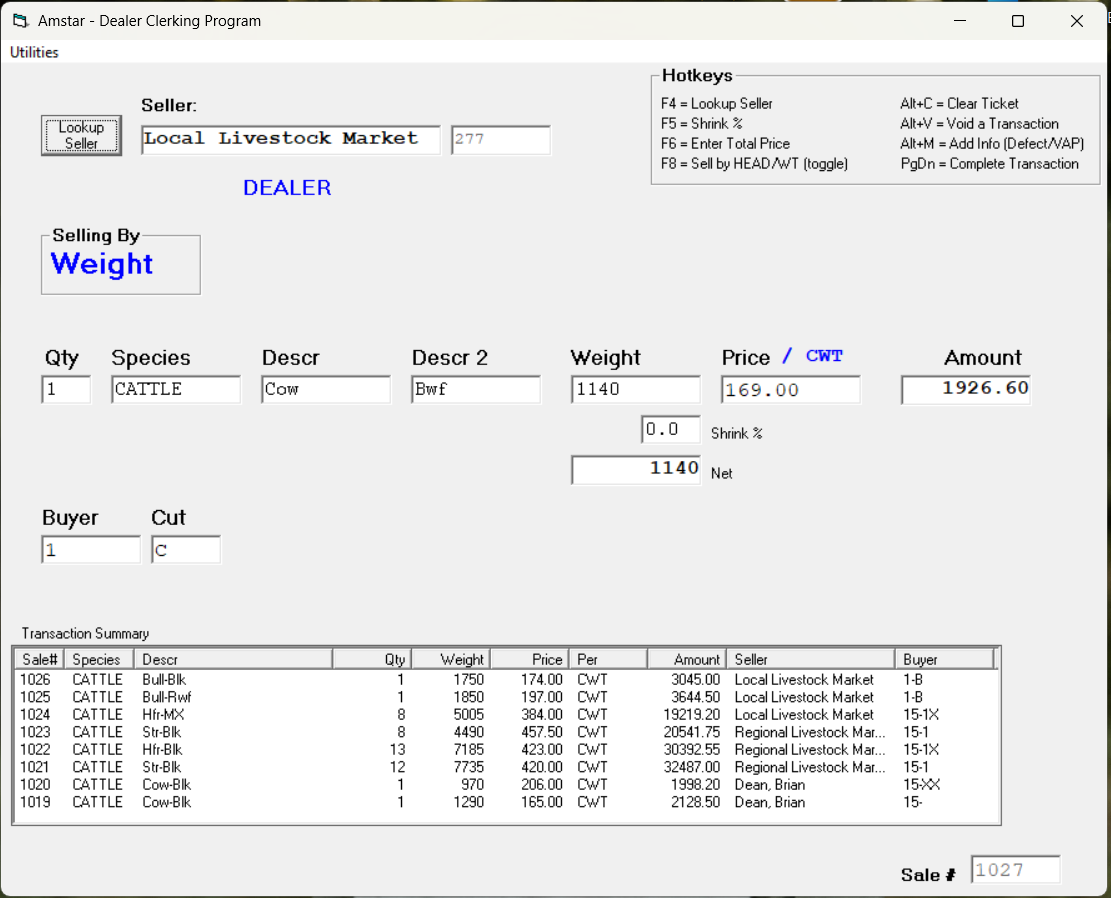 A software interface shows a livestock market data entry form. Data includes weight, price, and amounts.