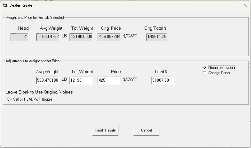 Dialog box for weight and price adjustment, showing input fields and calculated values.