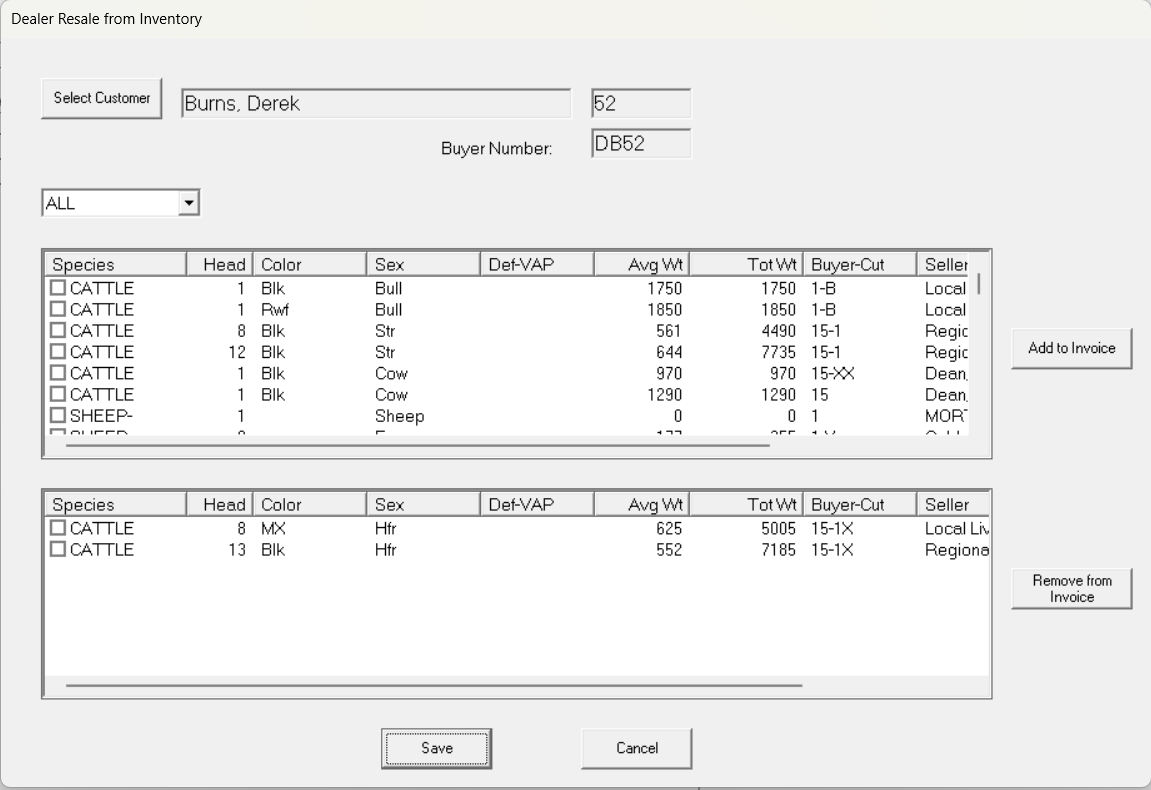 A software interface with data entry fields and two tables displaying options and data, buttons for actions.