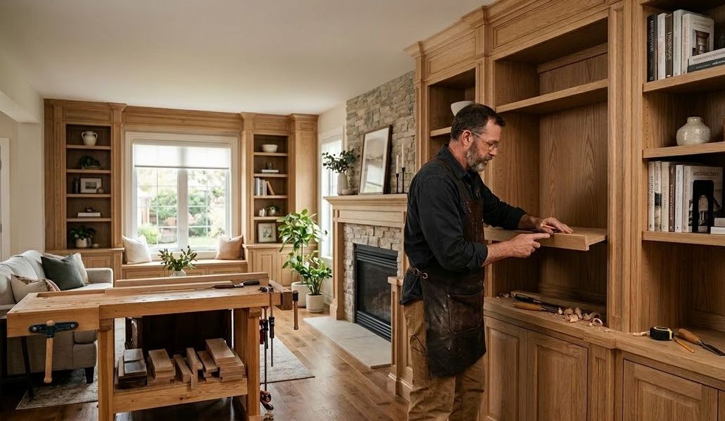 Carpenter installing custom wood built-in shelving.