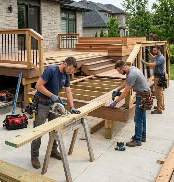 Contractors building a custom wooden outdoor deck.
