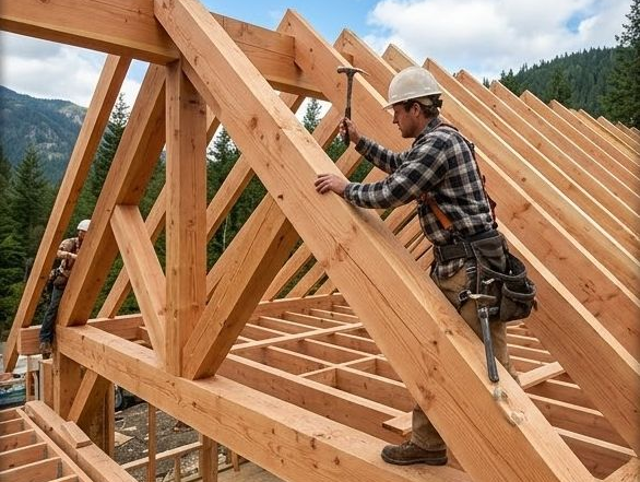 Contractors building a timber frame house roof.