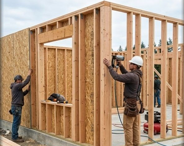 Contractors framing a new house with wood wall studs.