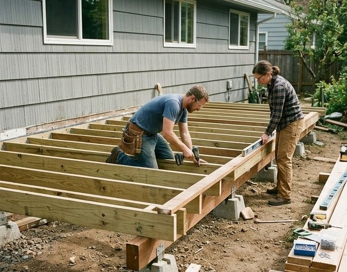 Two contractors framing a new backyard wooden deck.
