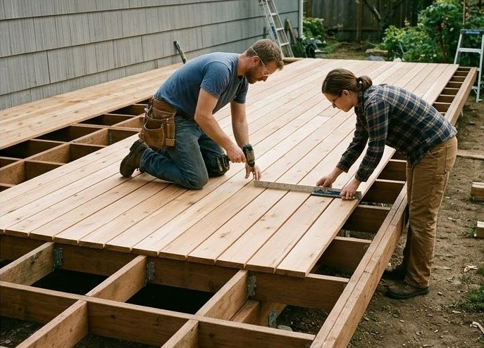 Contractors installing planks on a new wooden deck.