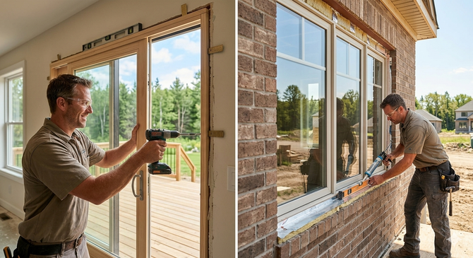 Contractor installing new windows and sliding glass doors.
