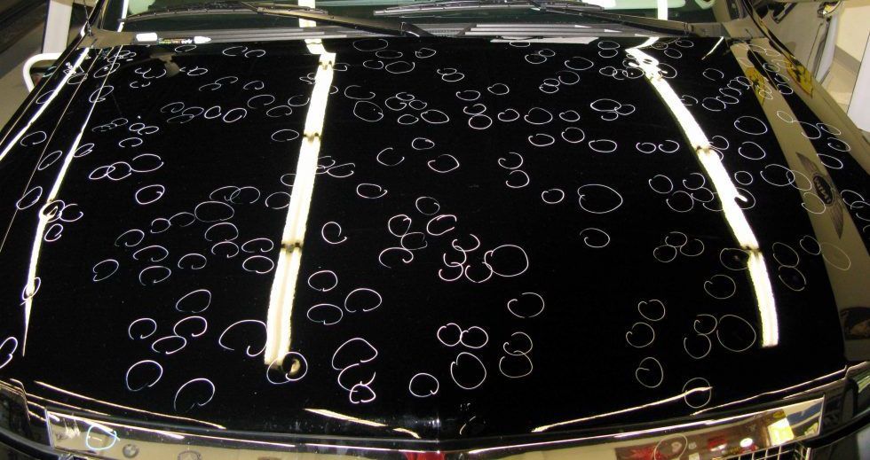 The hood of a car has a pattern of circles on it