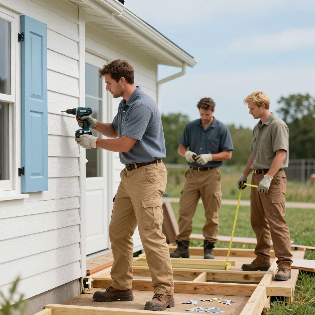 Three people building a wooden deck near a house; one uses a drill, others measure.