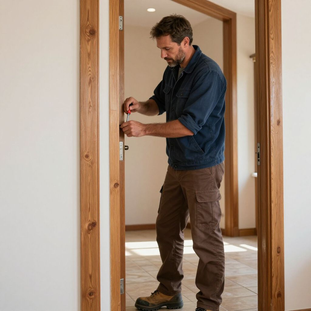 Man in a blue shirt and brown pants fixing a door lock with a screwdriver.