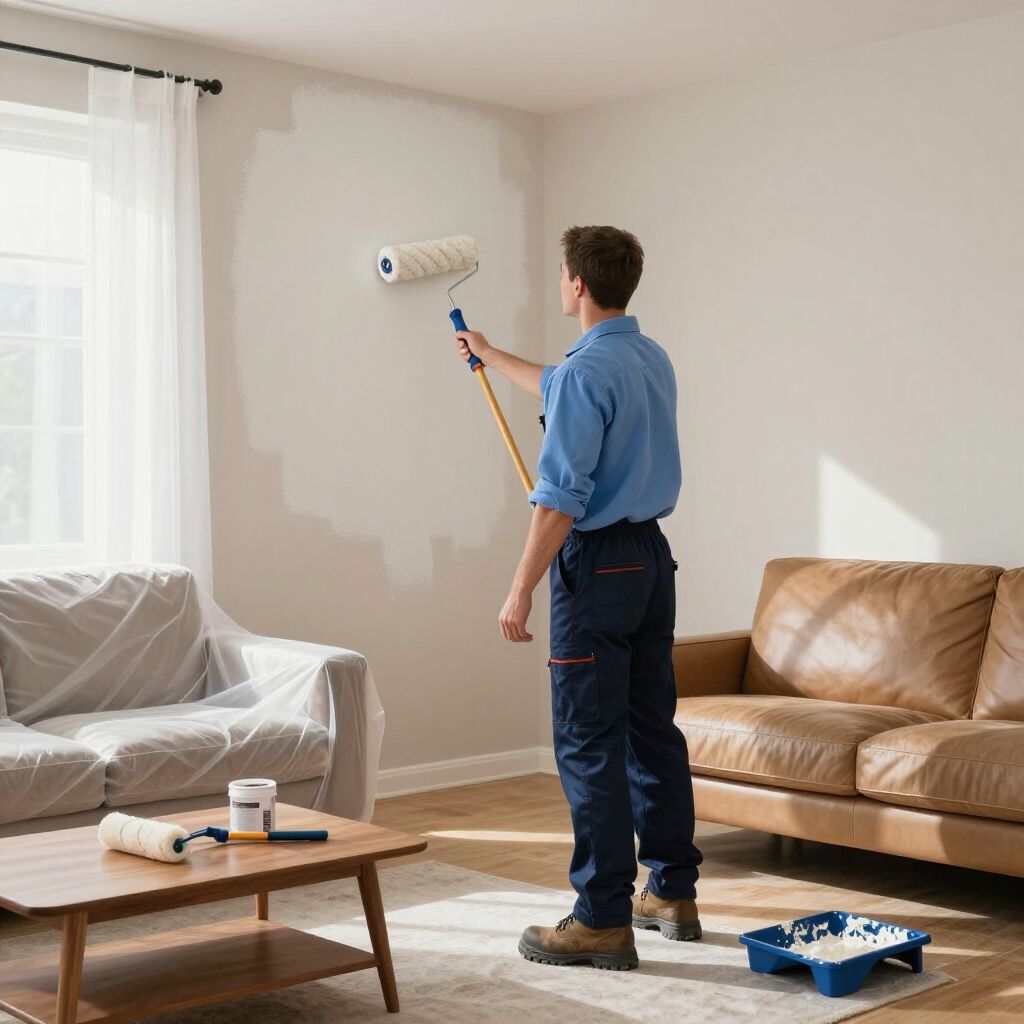 A person painting a white wall with a roller; living room with furniture covered in plastic.