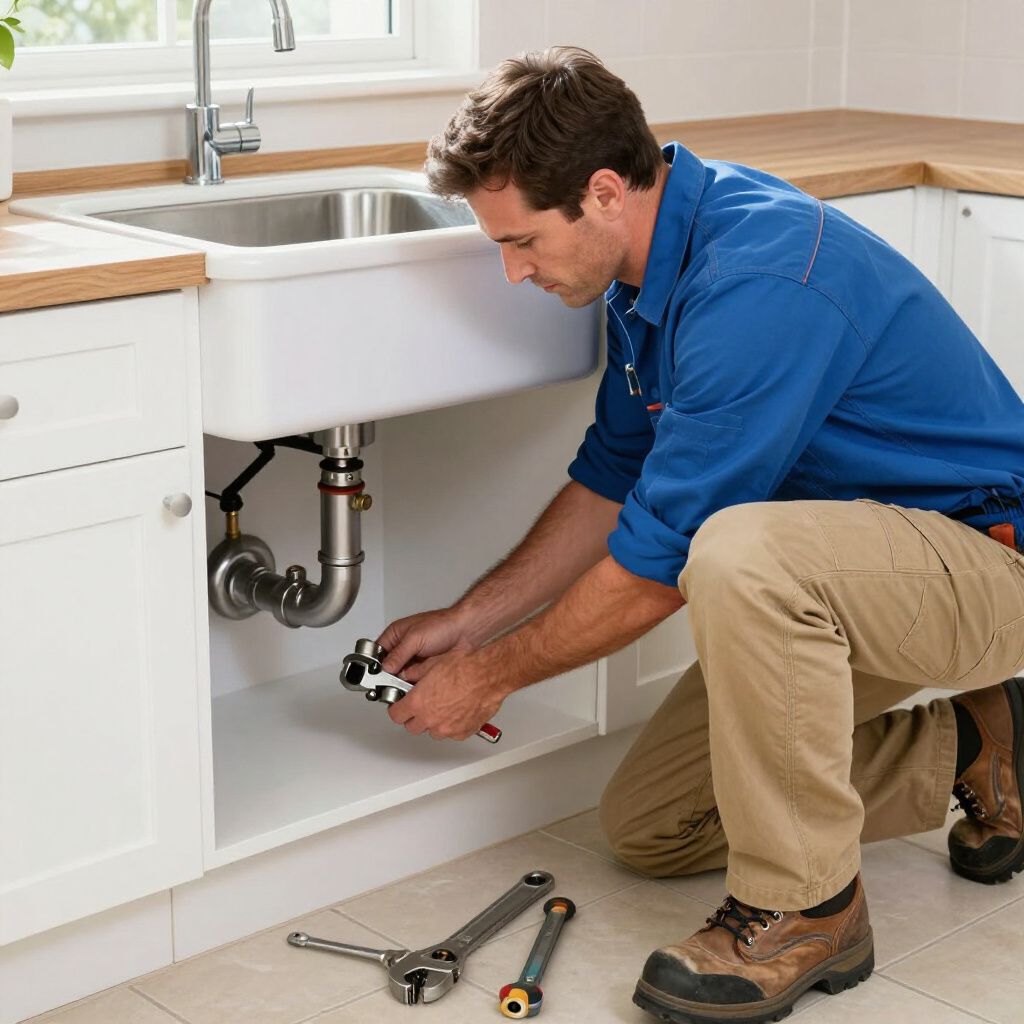 Plumber working under a kitchen sink, using tools on the pipes.