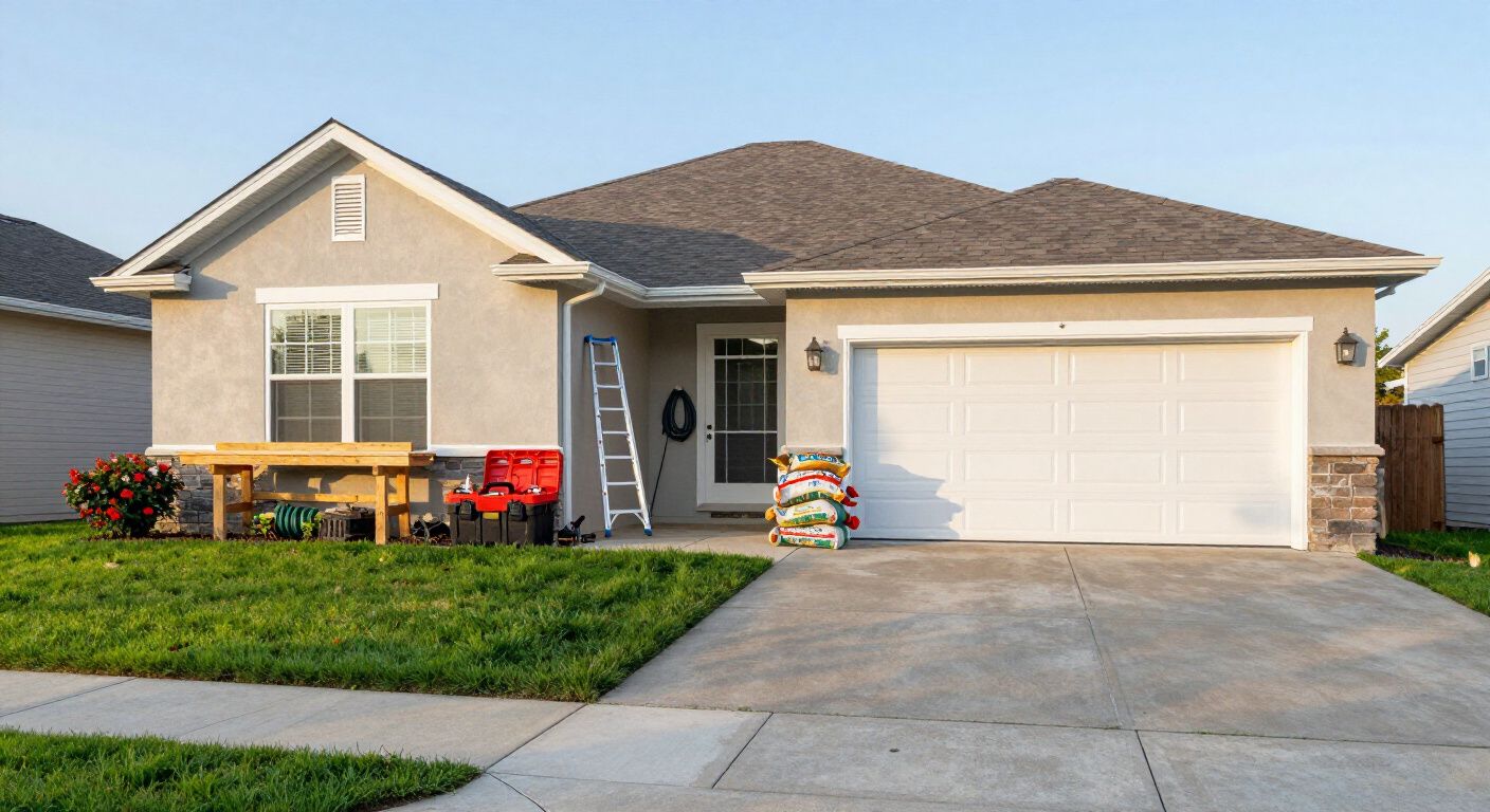 Gray stucco house with a garage, ladder, and landscaping along a driveway.