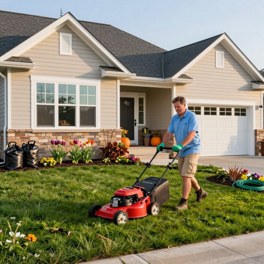 Man mowing a green lawn in front of a beige house, with flower beds, pumpkins, and a garage.