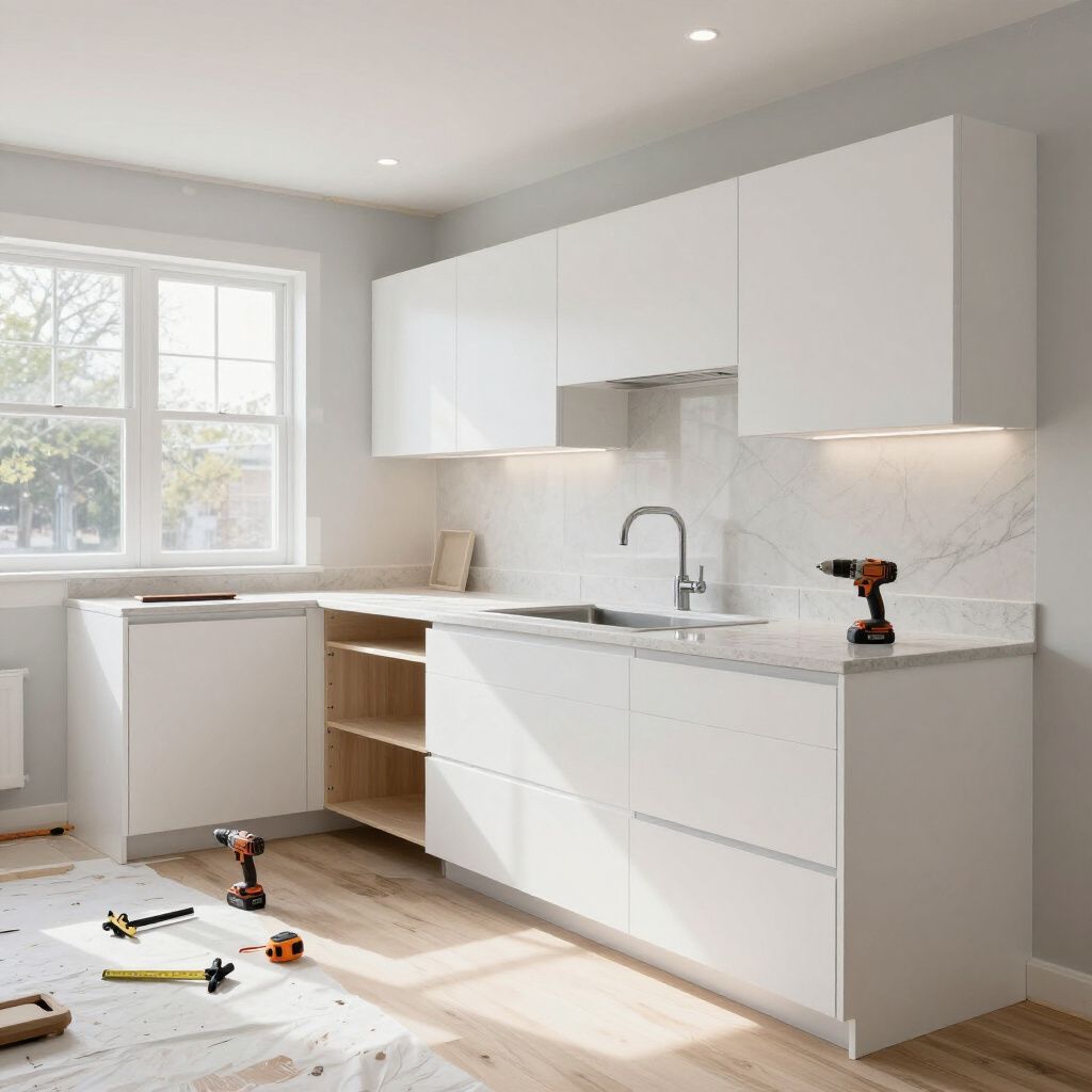 White kitchen cabinets being installed; countertop, sink, and tools are visible.