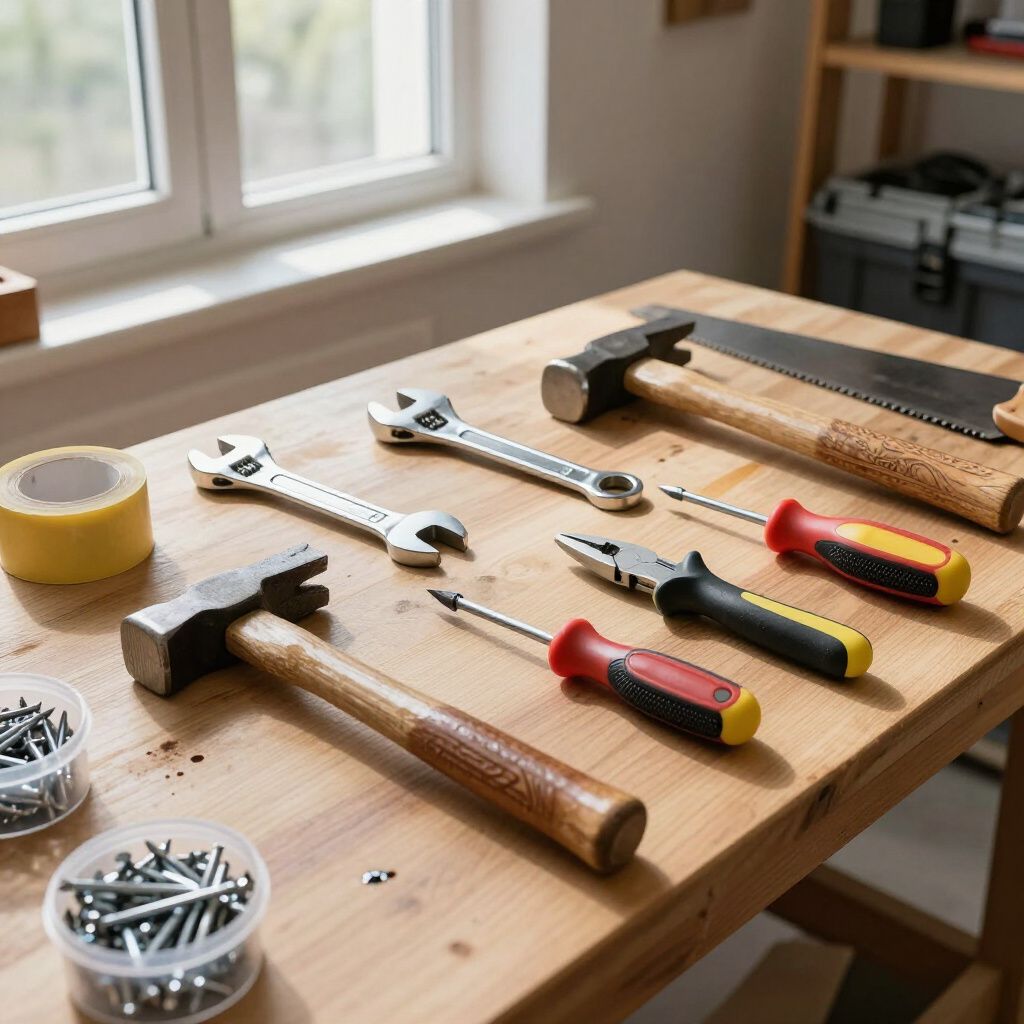 Tools laid out on a wooden workbench, including hammers, wrenches, screwdrivers, nails, saw, tape, and pliers.