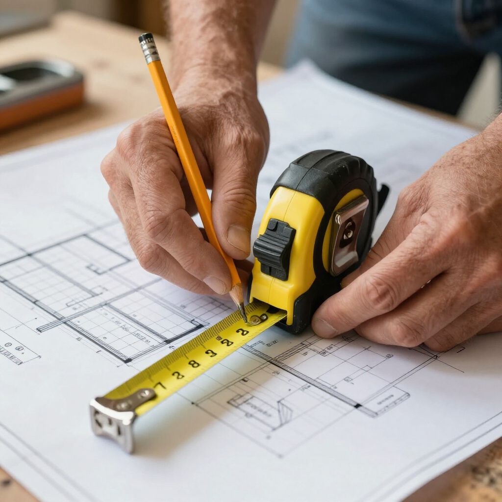 Hands measuring blueprints with a tape measure and pencil; yellow and black tape measure, wooden table.