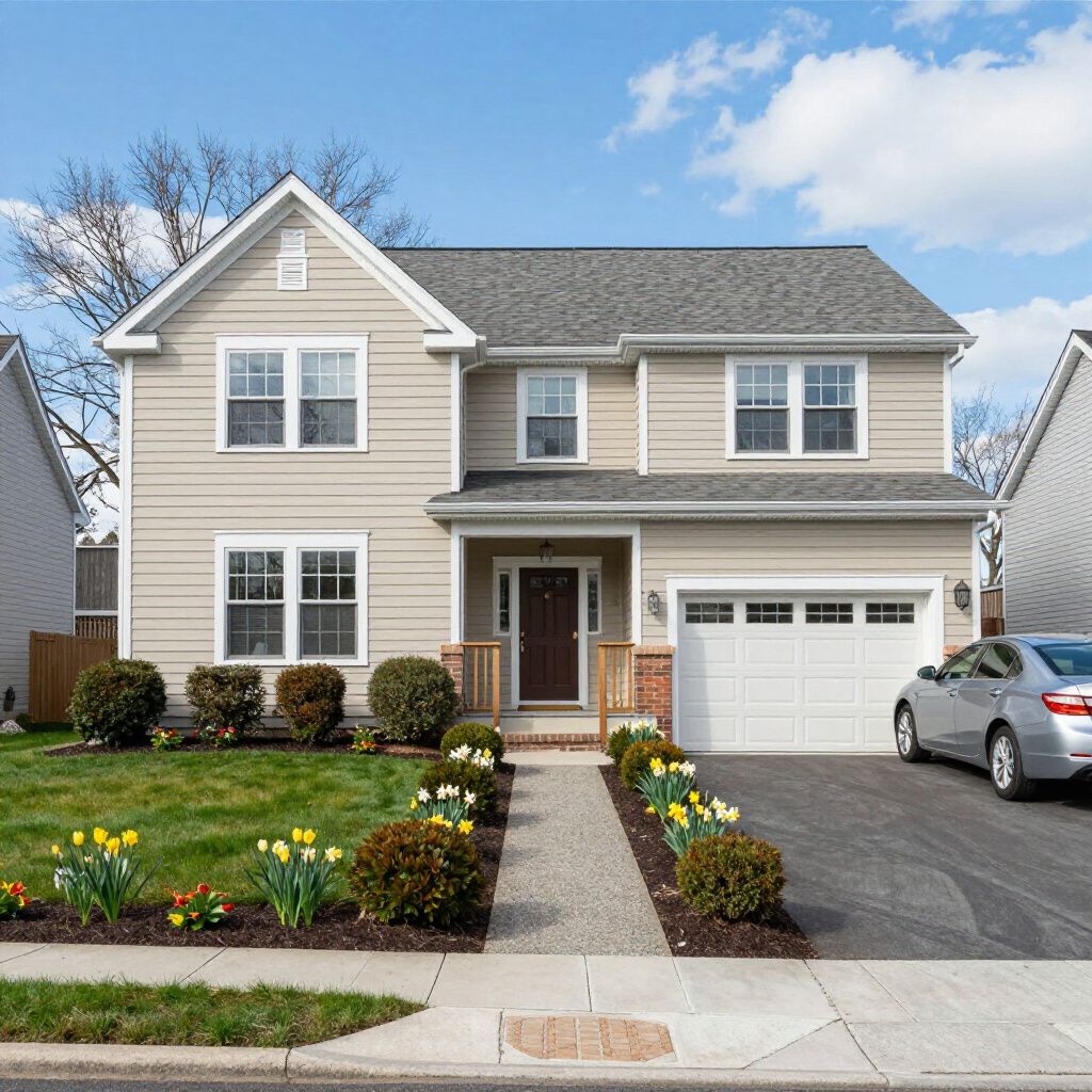 Beige two-story house with a gray roof, brown door, and a two-car garage. A car is parked in the driveway.