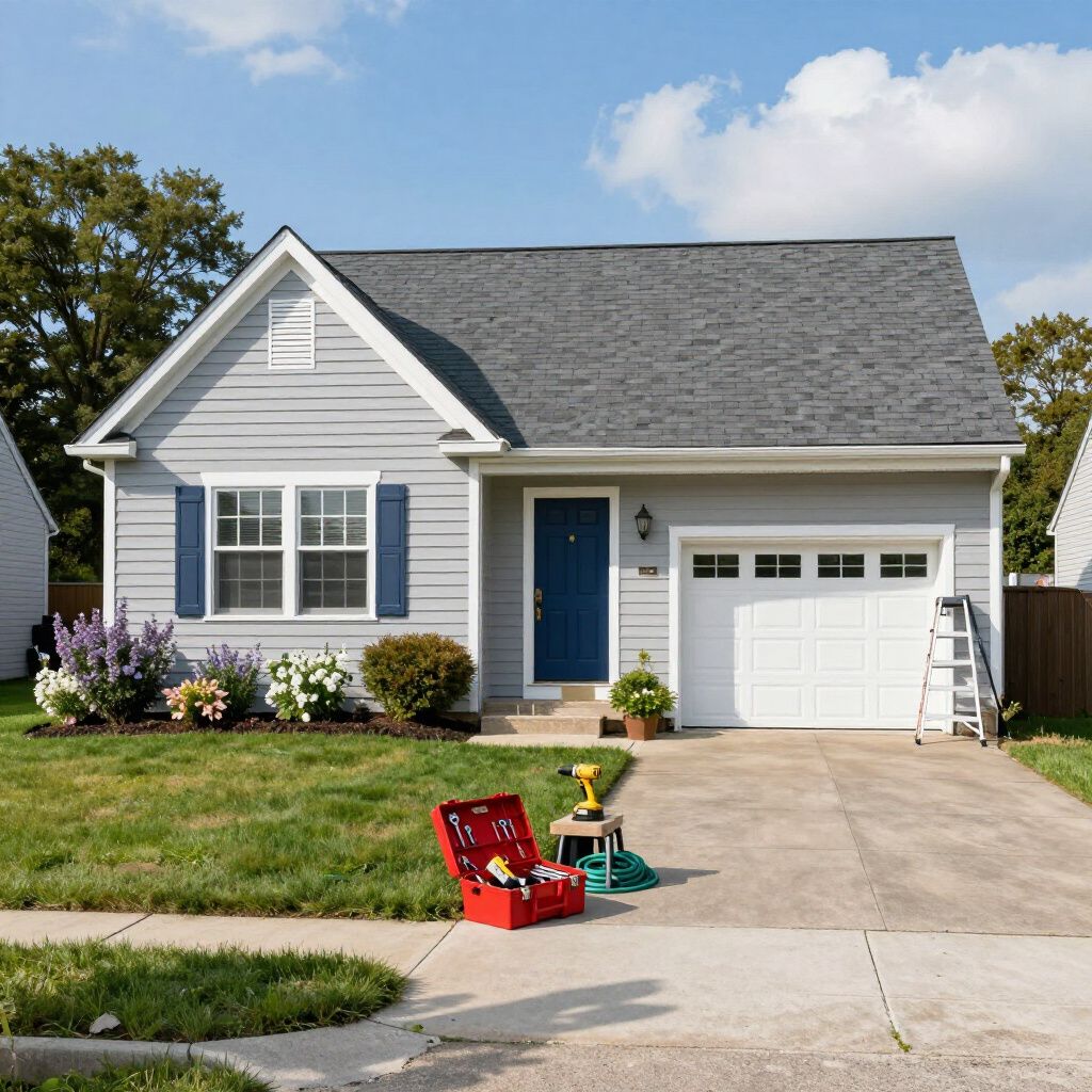 Gray house with blue door, shutters, and tool box in front, sunny day.