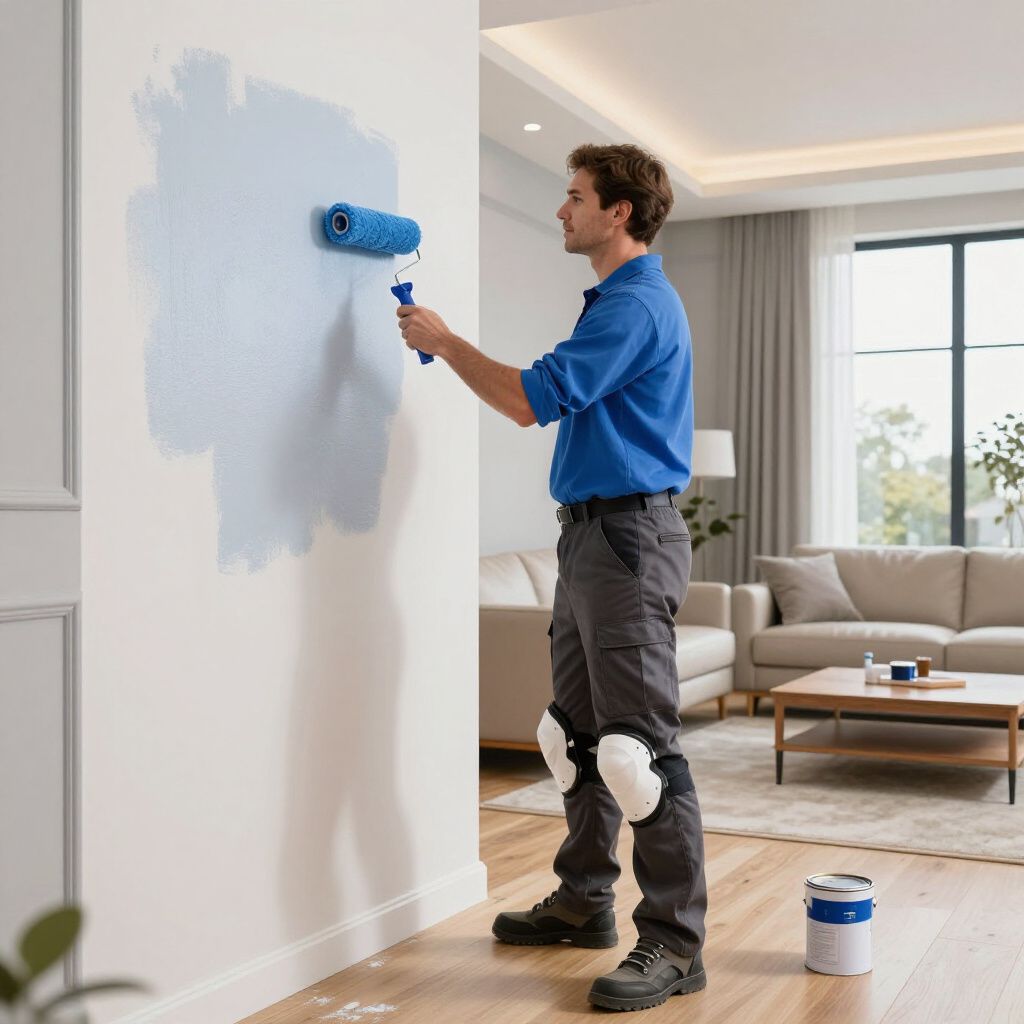 Person painting a wall blue with a roller, wearing work clothes and knee pads, in a living room.