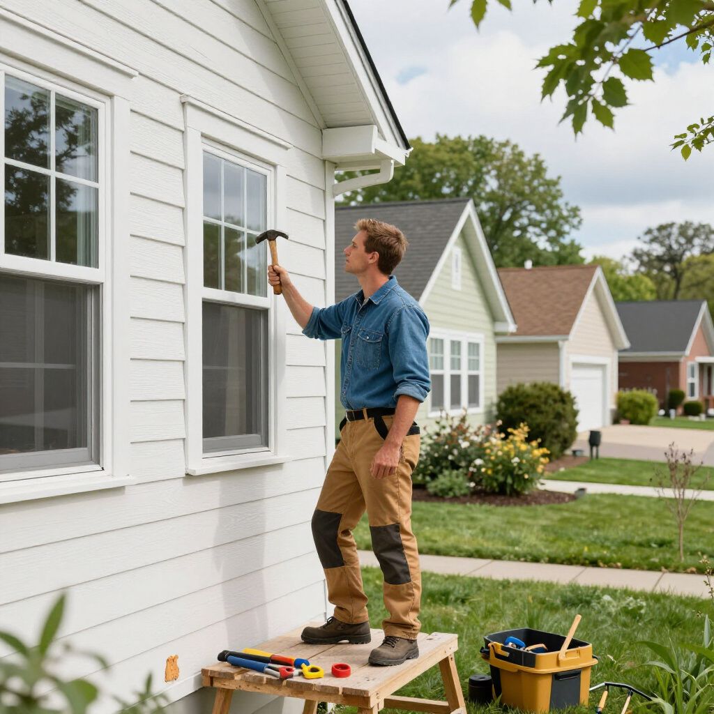 Man hammering near window on a white house. He is standing on a small wooden platform. Other houses in the background.