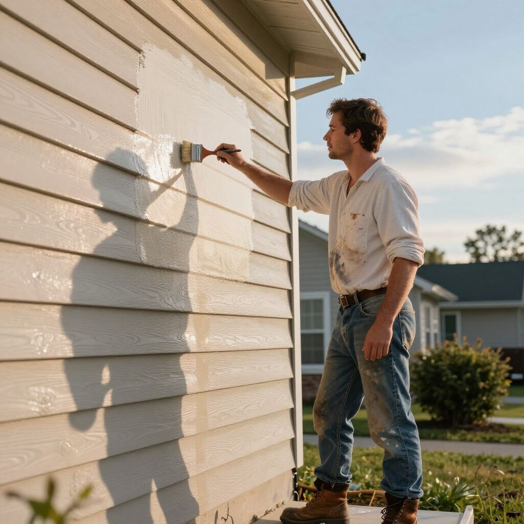 Man paints siding on a house with a brush. Sunlight casts a shadow.