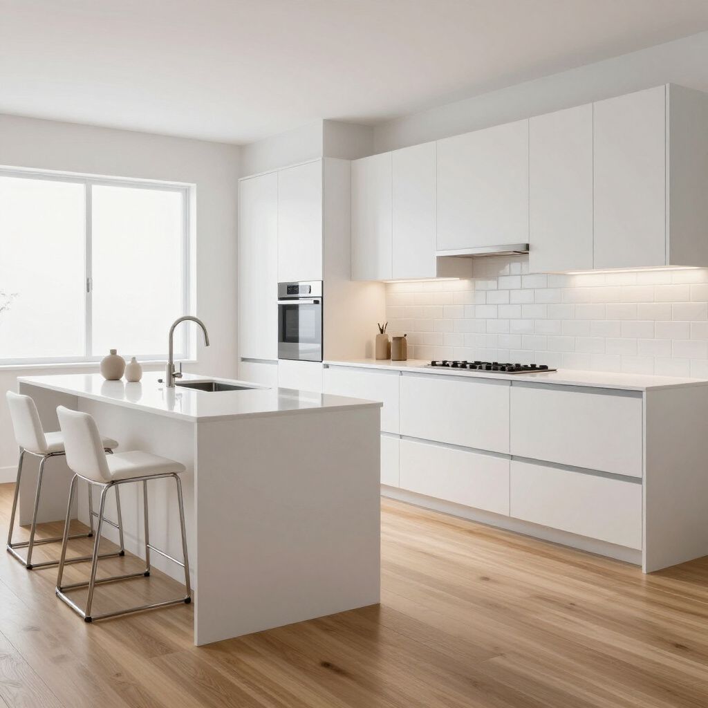 Modern white kitchen with island, stainless steel appliances, and wood flooring.