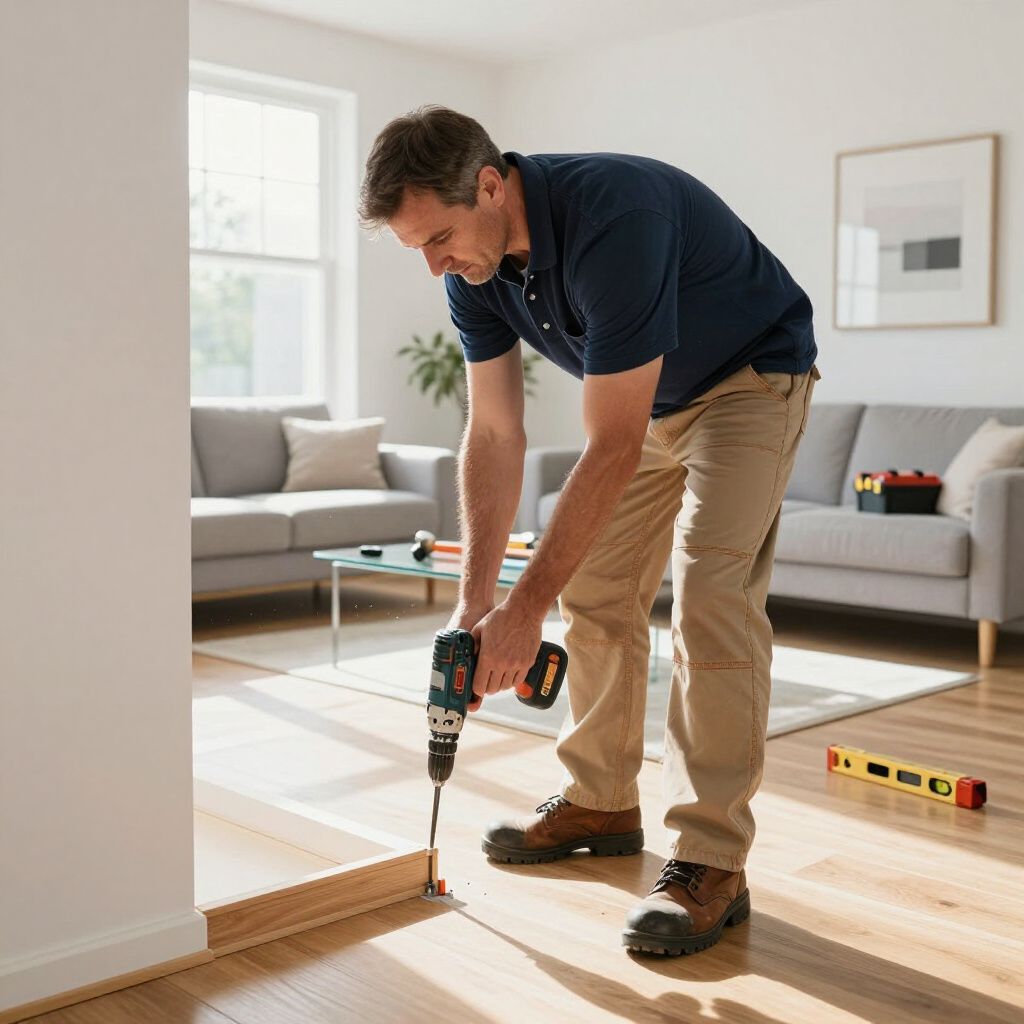 Man drills wood trim on a wood floor in a living room.