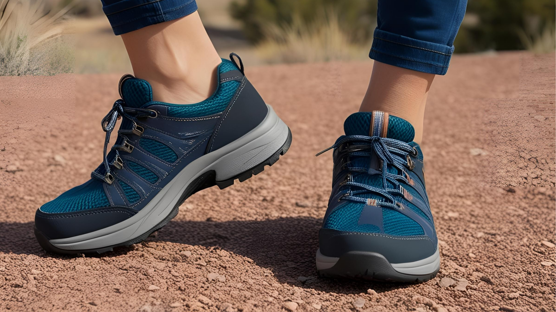 A person wearing a pair of blue shoes is walking on a dirt road.