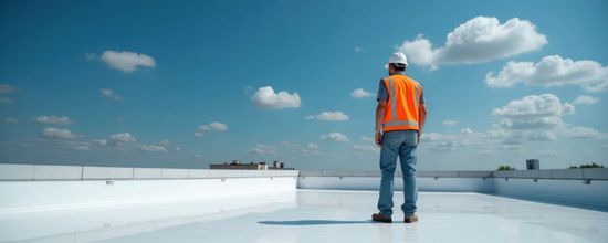 Worker in orange safety vest stands on a rooftop under a blue sky with clouds Worker in orange safety vest stands on a rooftop under a blue sky with clouds