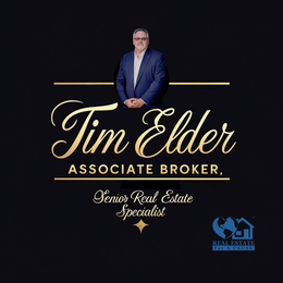 Tim Elder, Associate Broker, posing in front of gold text on a black background; includes real estate logo.