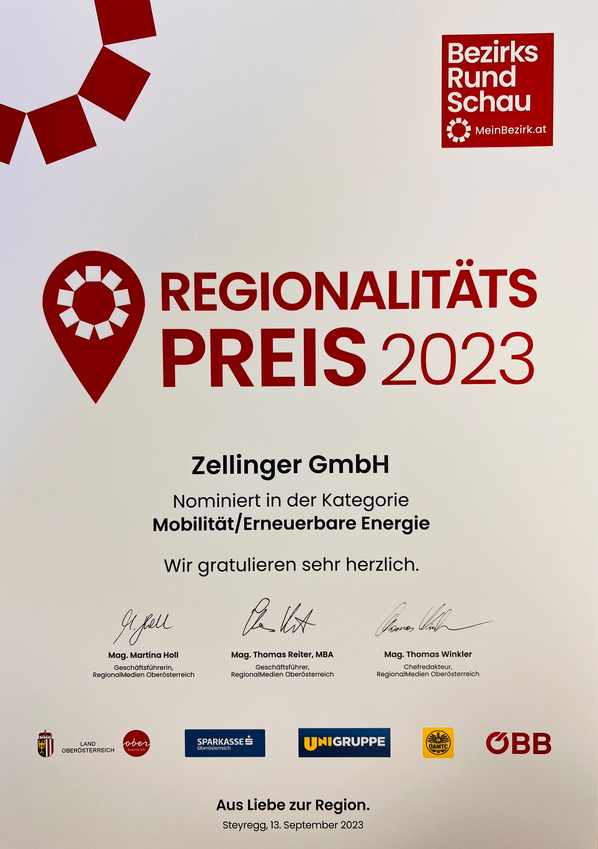 Award certificate: Regionalitäts Preis 2023, Zellinger GmbH, nominated in category sustainable energy.