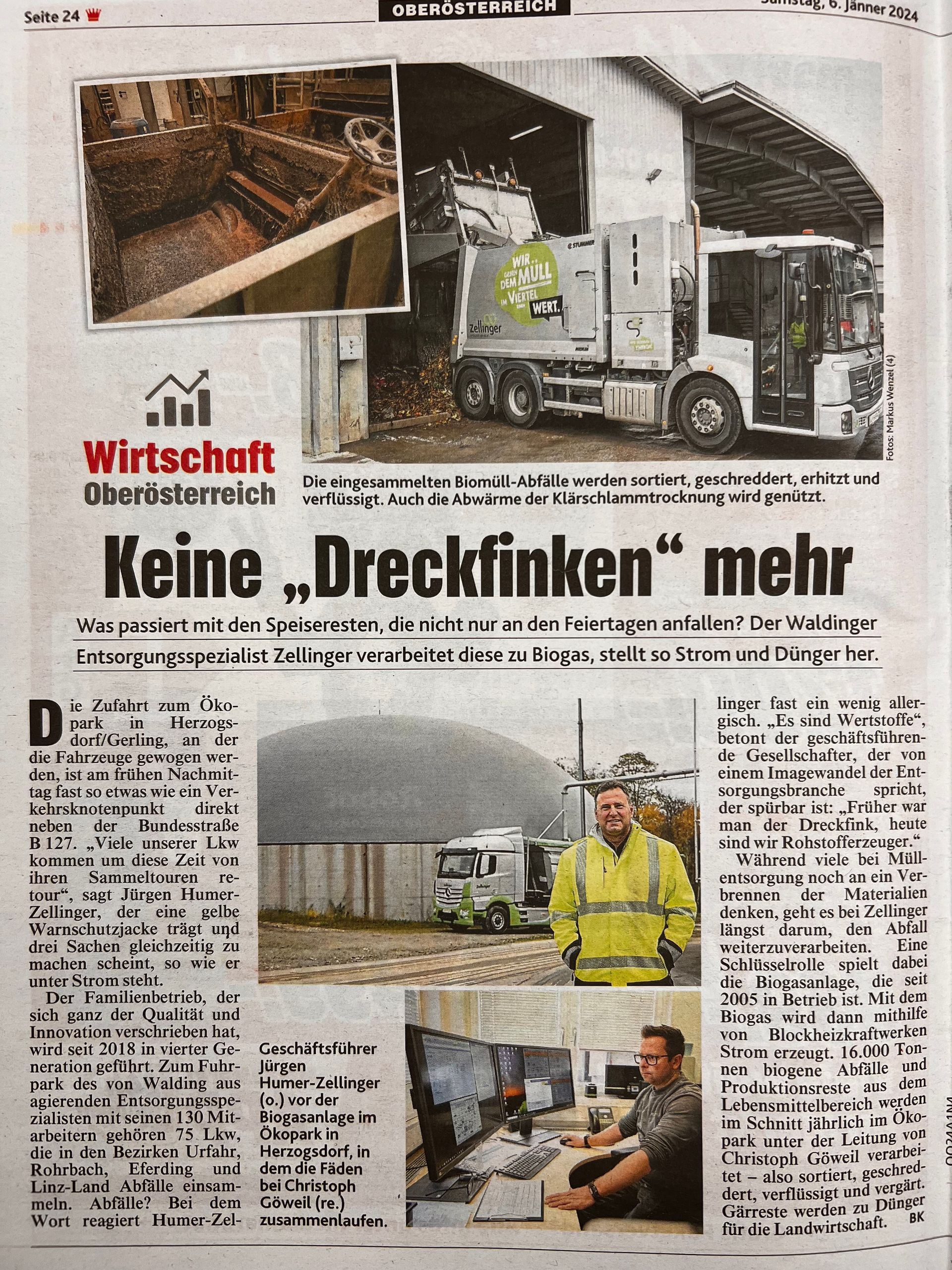Newspaper article with headlines and photos about waste management in Austria.