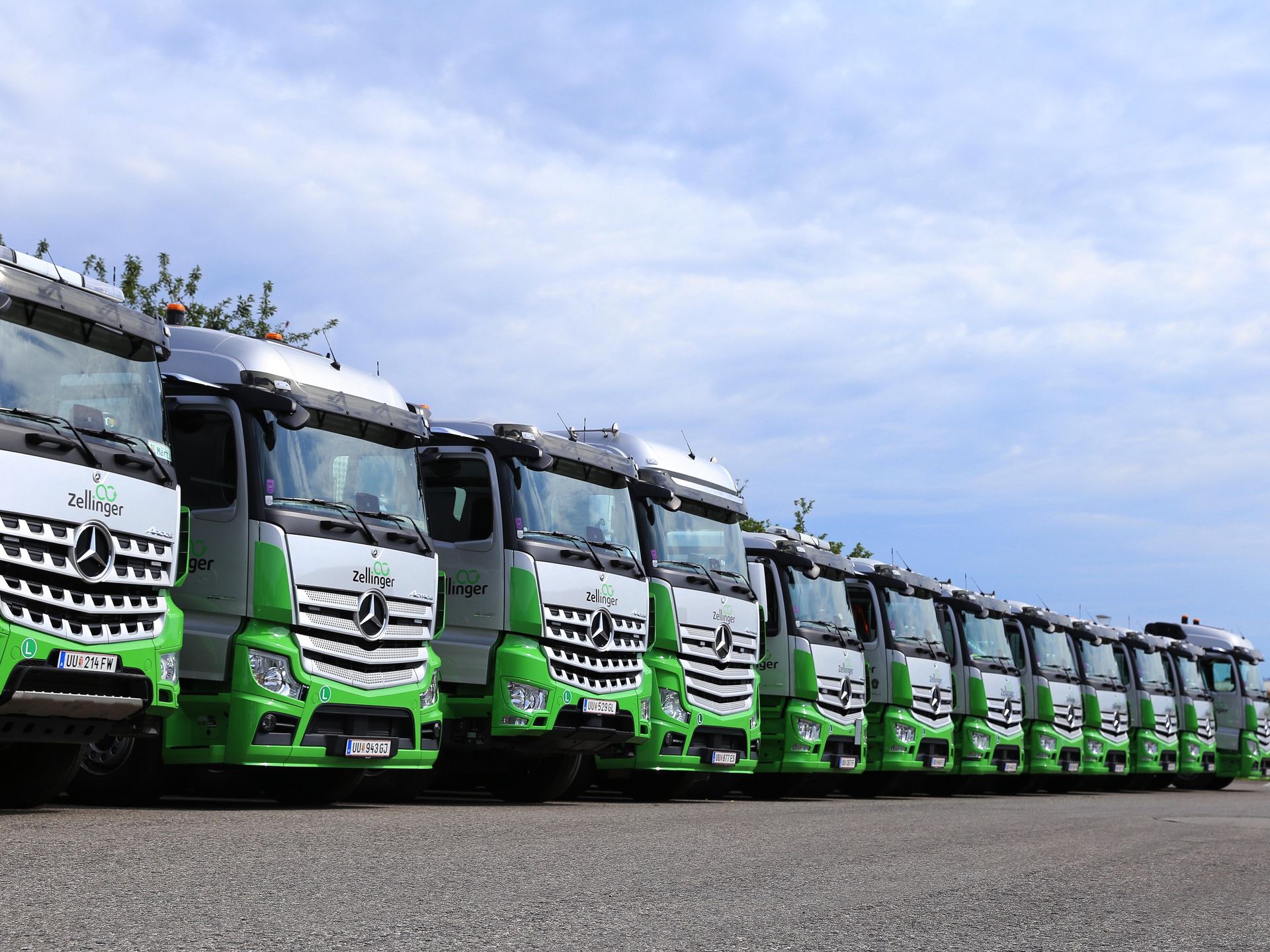 Row of green and silver semi-trucks parked under a cloudy sky.