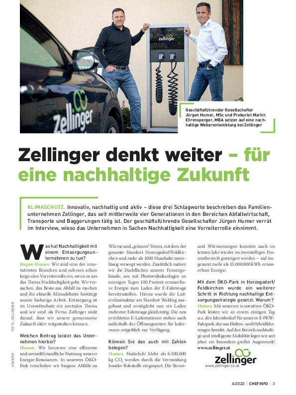 Two men at an electric car charging station, Zellinger, for sustainable future. One man points.
