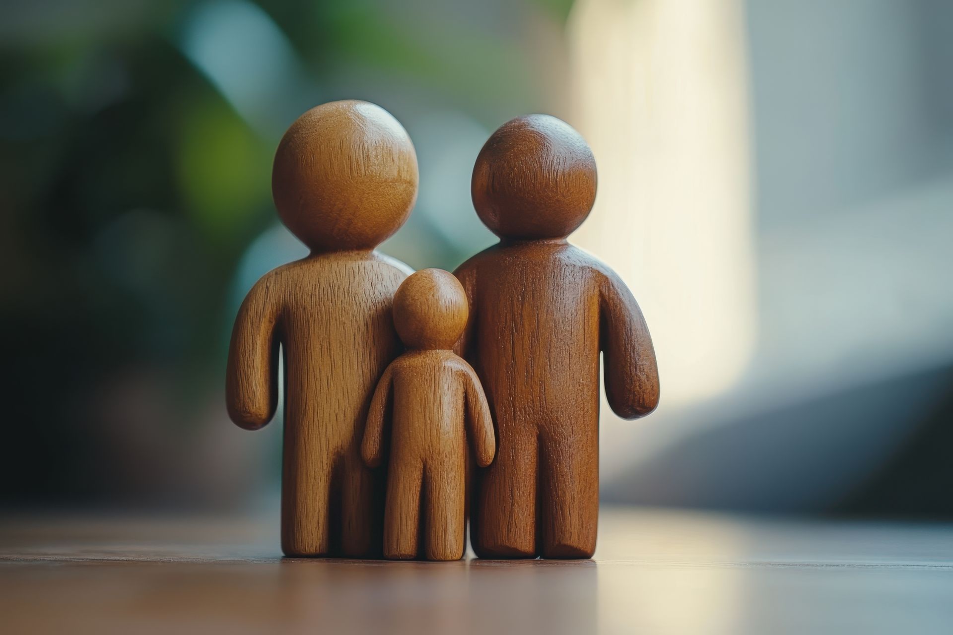 Three wooden figurines standing together on a table
