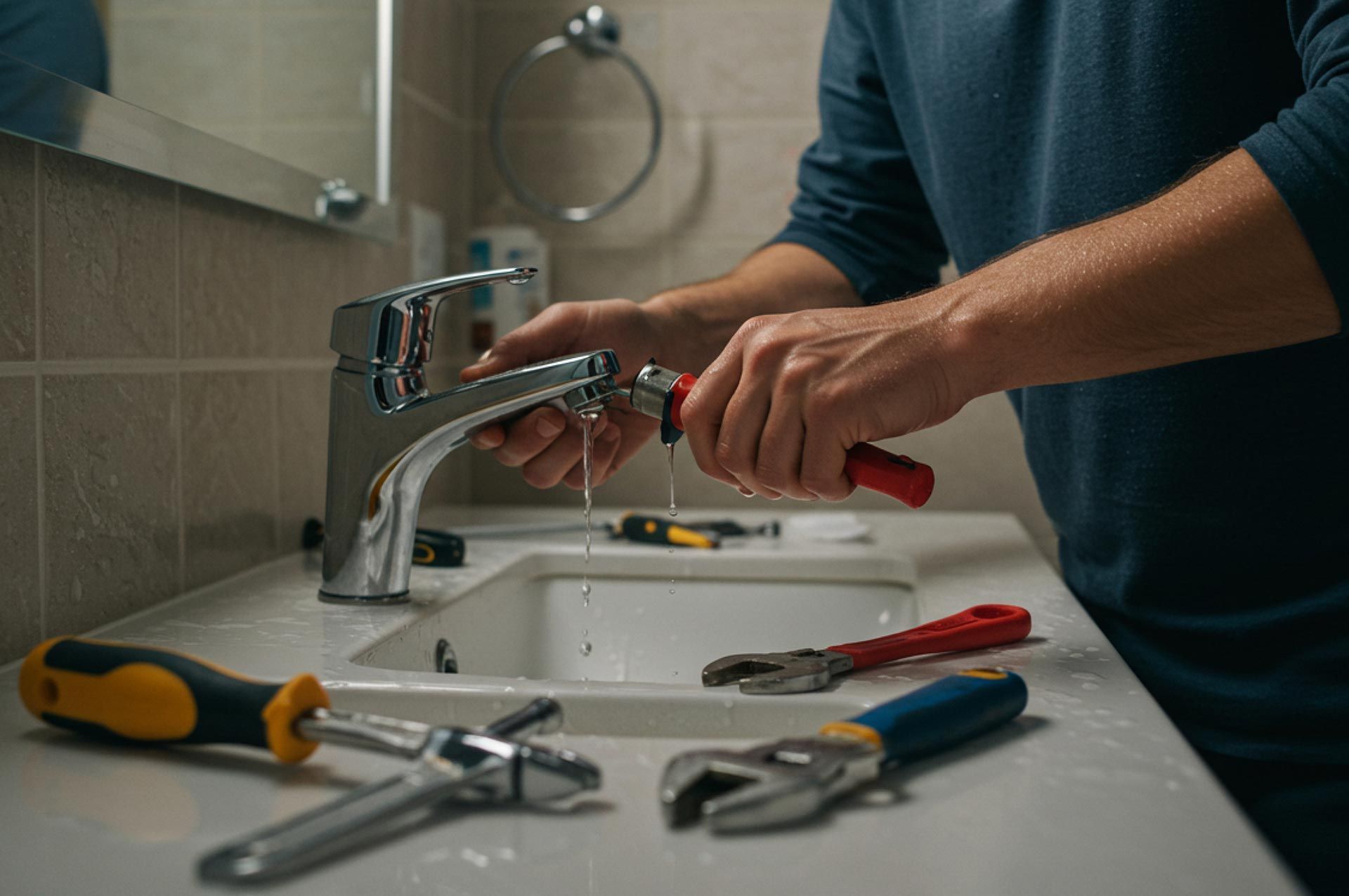 Plumber using a wrench to fix a leaky faucet in a bathroom. Tools on the sink.