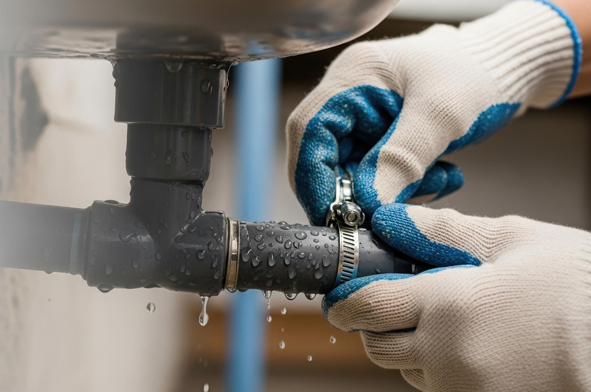 Hands in blue and white work gloves tightening a clamp on a leaking pipe.