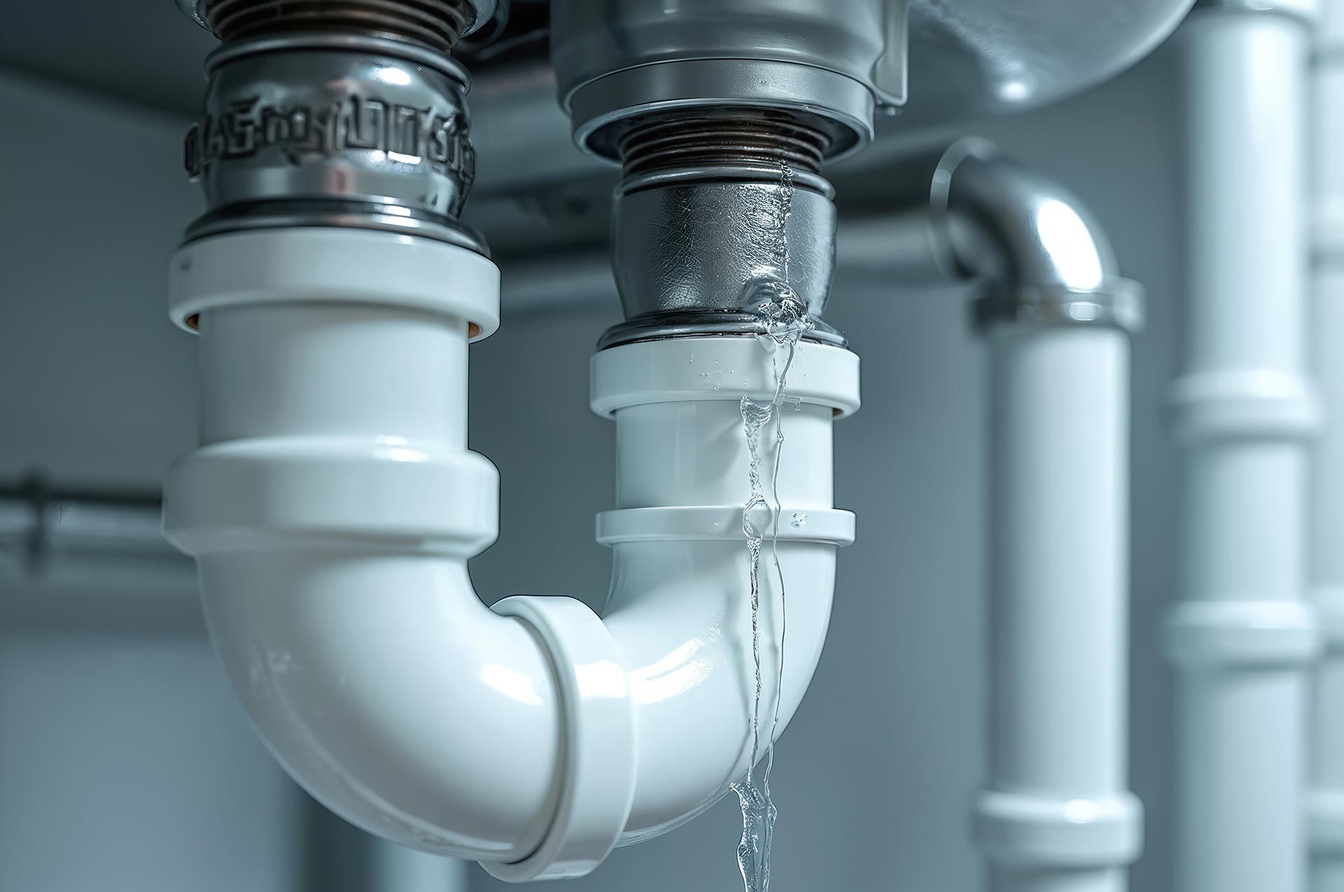 Leaking pipes under a sink, water dripping from a connection.