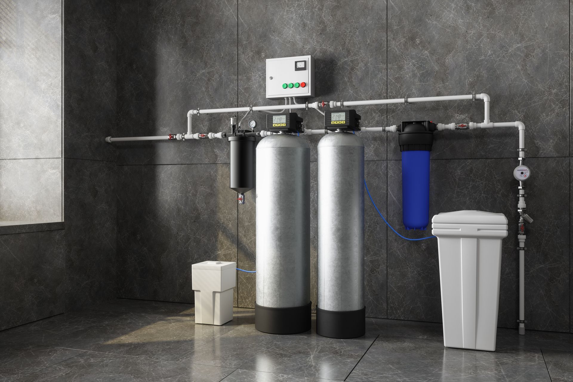 Water filtration system with tanks, pipes, and control panel against a gray wall.