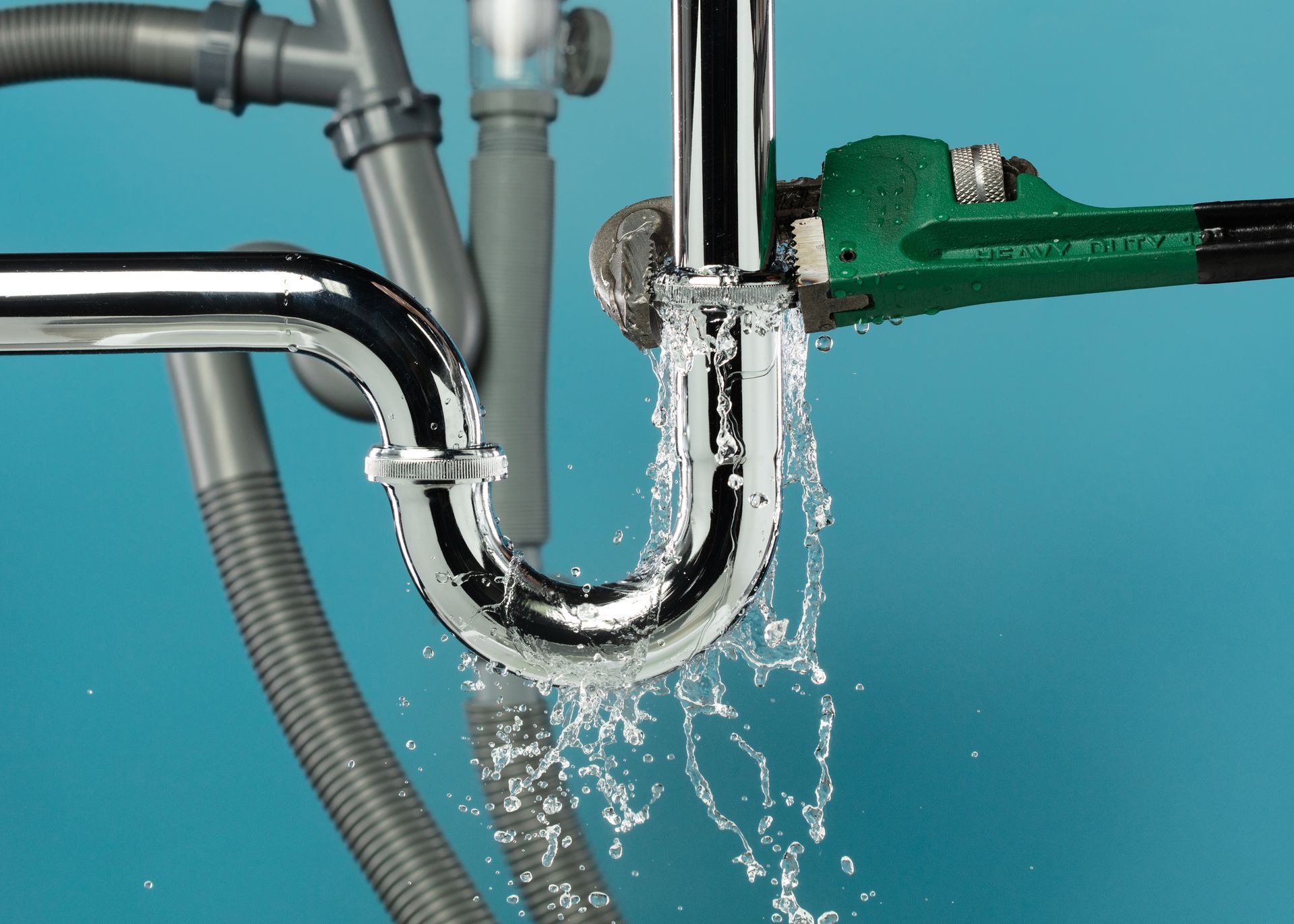 Leaking chrome sink pipe with green wrench; water spraying.